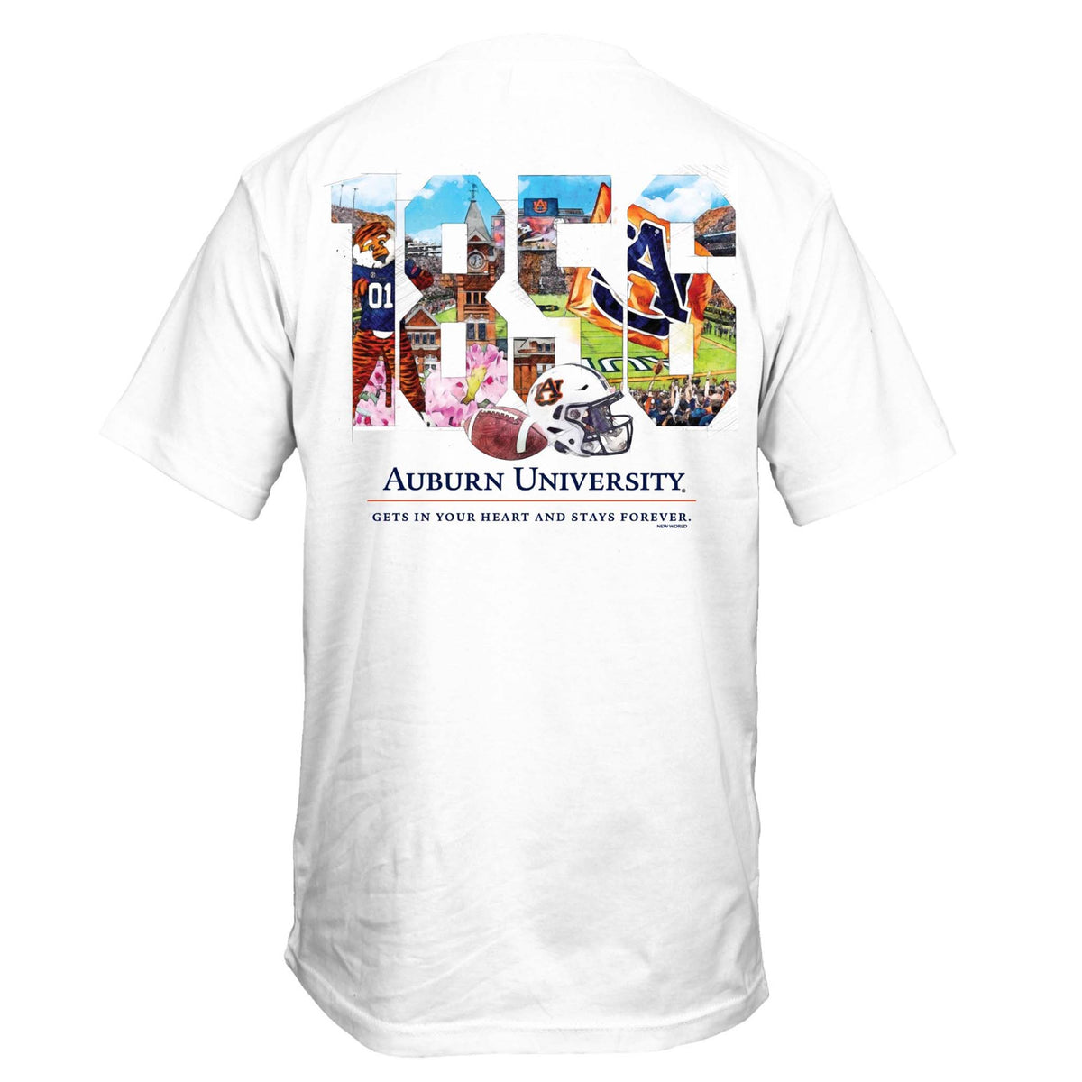 White t-shirt with 'AUBURN' text filled with a collage of Auburn University campus and sports images including buildings, football scenes, and cheerleaders. Below the text reads 'AUBURN UNIVERSITY' and 'GETS IN YOUR HEART AND STAYS FOREVER.