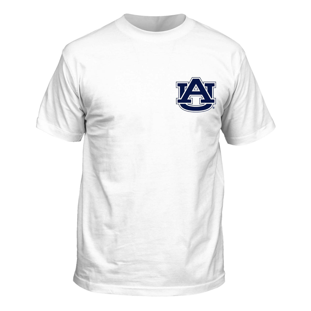 White t-shirt with the Auburn University 'AU' logo in navy blue positioned on the upper left chest area