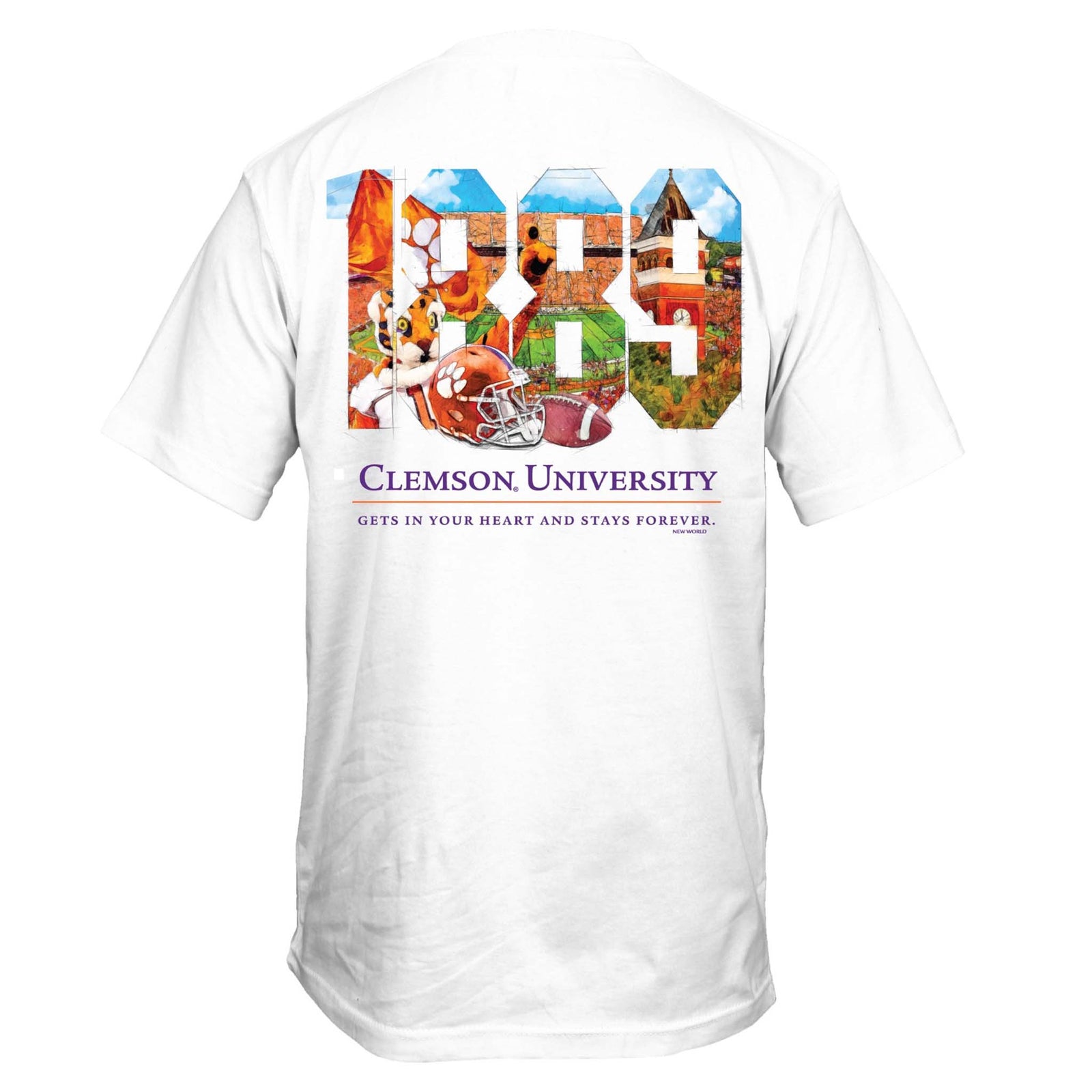 Back of white t-shirt with large “1889” graphic filled with Clemson imagery, tiger mascot, football helmet, and the text “Clemson University – Gets in your heart and stays forever.”