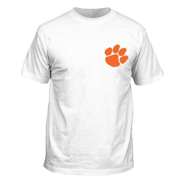 White short sleeve t-shirt with a small orange Clemson tiger paw logo on the left chest.