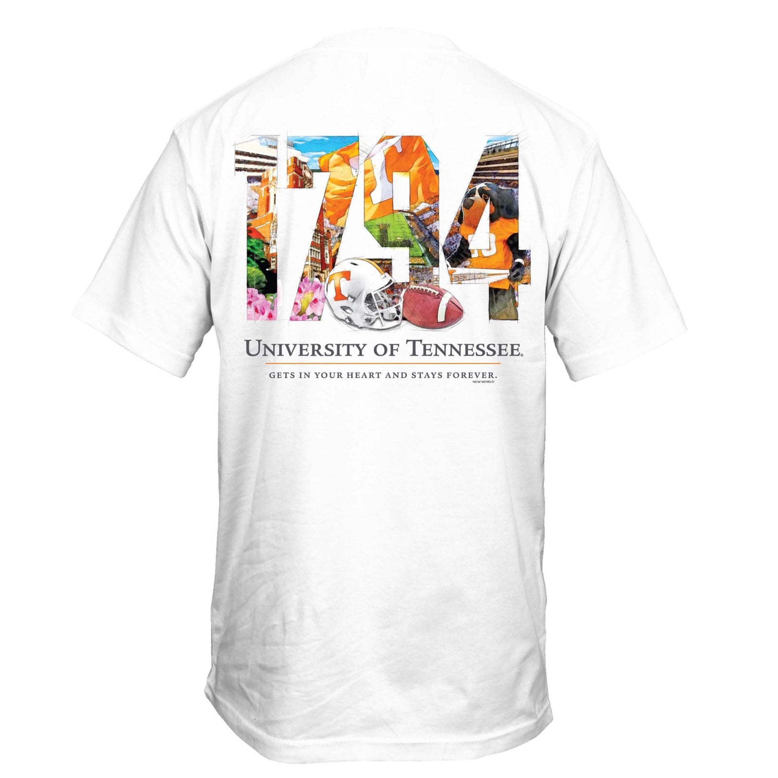 Back of white t-shirt with large “1794” graphic filled with Tennessee imagery, including football elements, Smokey the dog, and the text “University of Tennessee – Gets in your heart and stays forever.”

