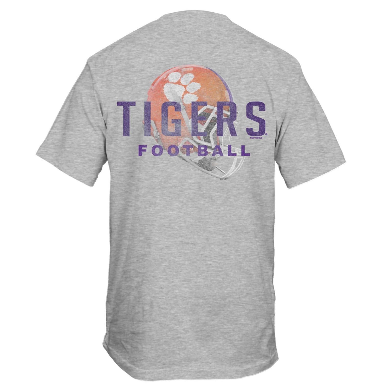 Back of heather gray t-shirt with large graphic of an orange football helmet featuring a white tiger paw, and bold purple “TIGERS FOOTBALL” text.