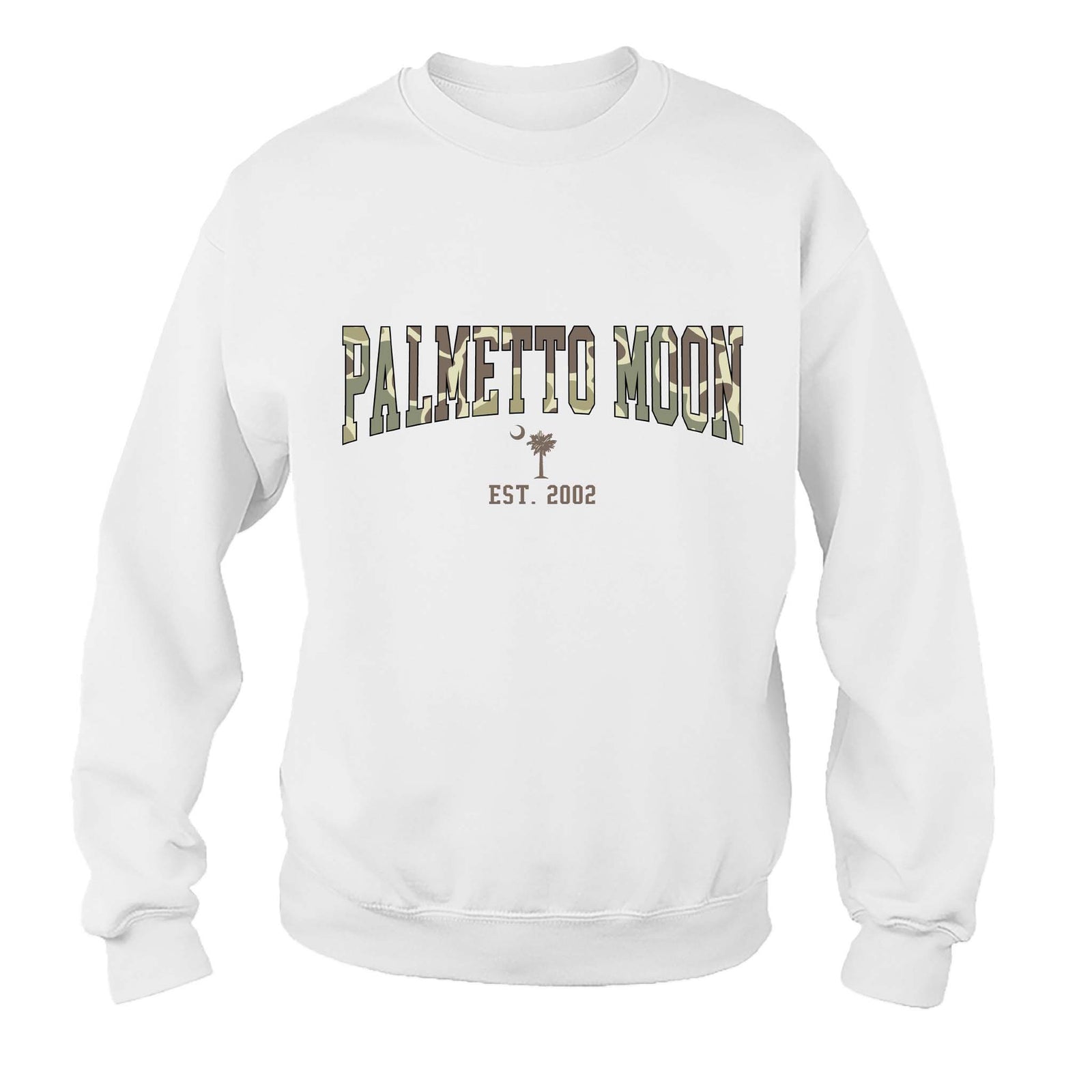 Palmetto Moon Camo Crewneck Sweatshirt, color white, sizes S-XXL, 100% cotton, unisex sizing.
The front features Palmetto Moon printed across the chest in bold block letters filled with camouflage print.  Beneath is a small palmetto tree and crescent moon and EST. 2002
