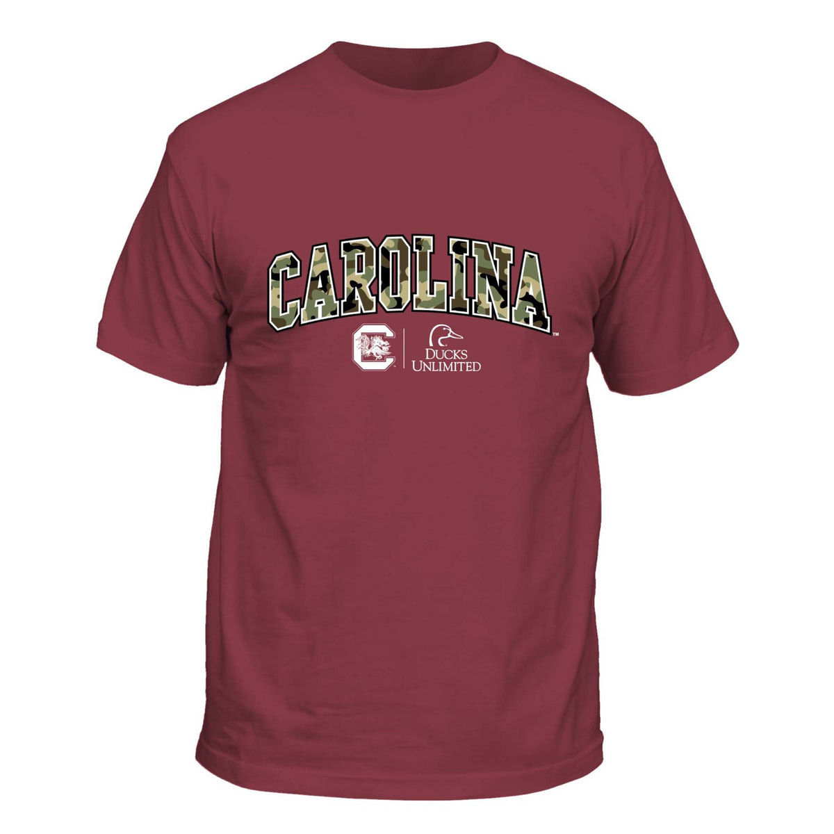 Maroon t-shirt with 'Carolina' text and logos on a white background