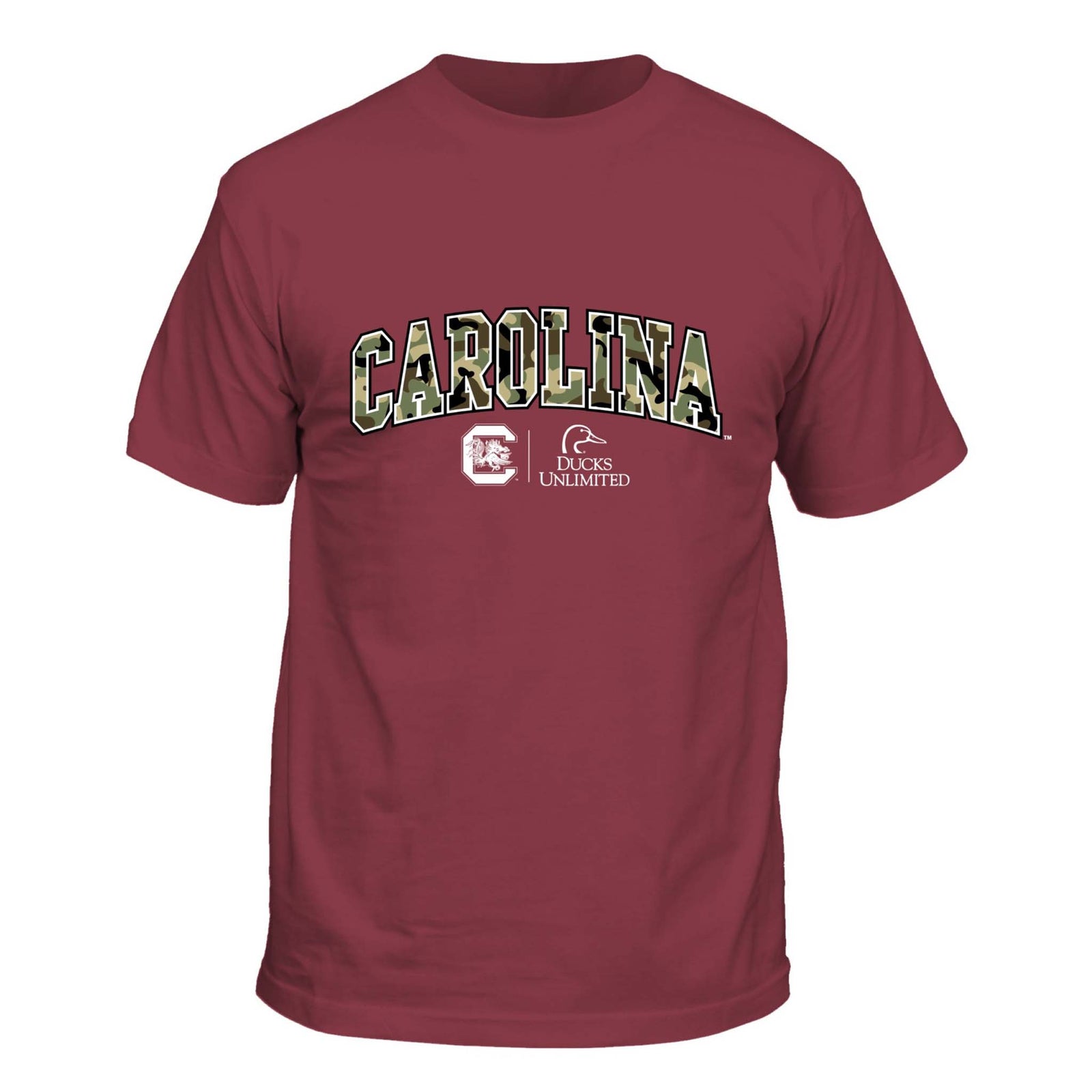 Maroon t-shirt with 'Carolina' text and logos on a white background