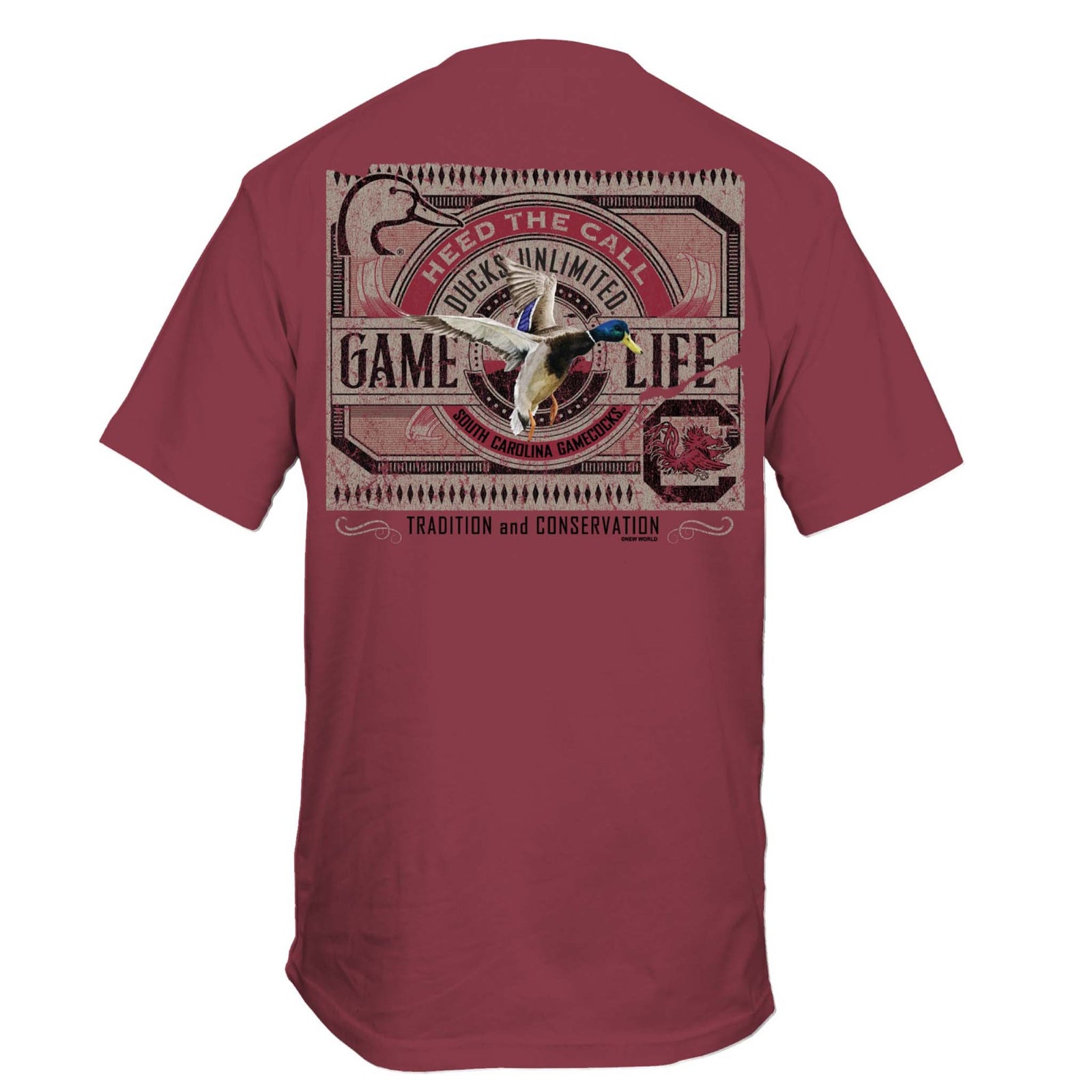 Garnet short sleeve t-shirt with large graphic featuring a flying duck, “Heed the Call,” “Game Life,” “South Carolina Gamecocks,” and “Tradition and Conservation” text