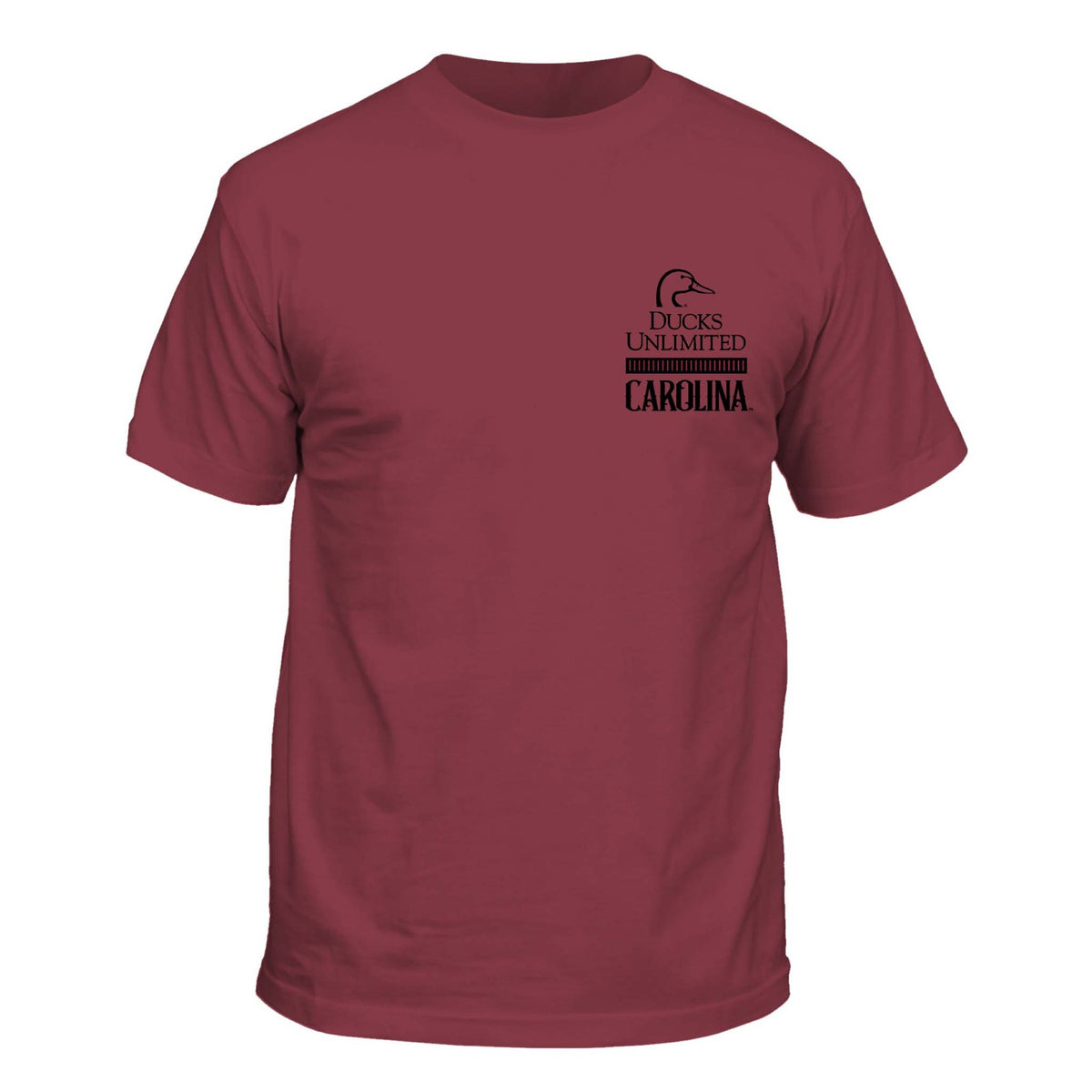 Garnet short sleeve t-shirt with small black Ducks Unlimited logo above the word “Carolina” on left chest.