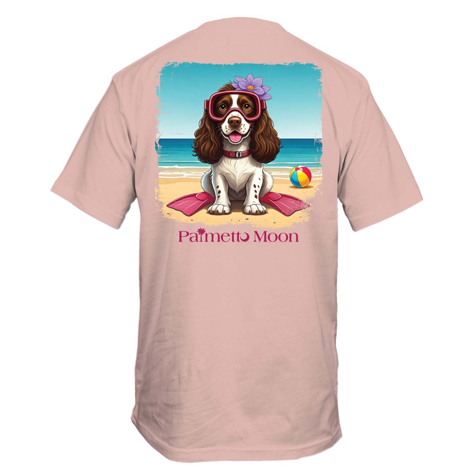 Palmetto Moon Youth Scuba Gal Short Sleeve T-shirt, color dusty rose, youth sizes XS-XL, 100% cotton. The back features a springer spaniel on the beach wearing pink scuba gear and a purple bow. Palmetto Moon logo below in pink.
