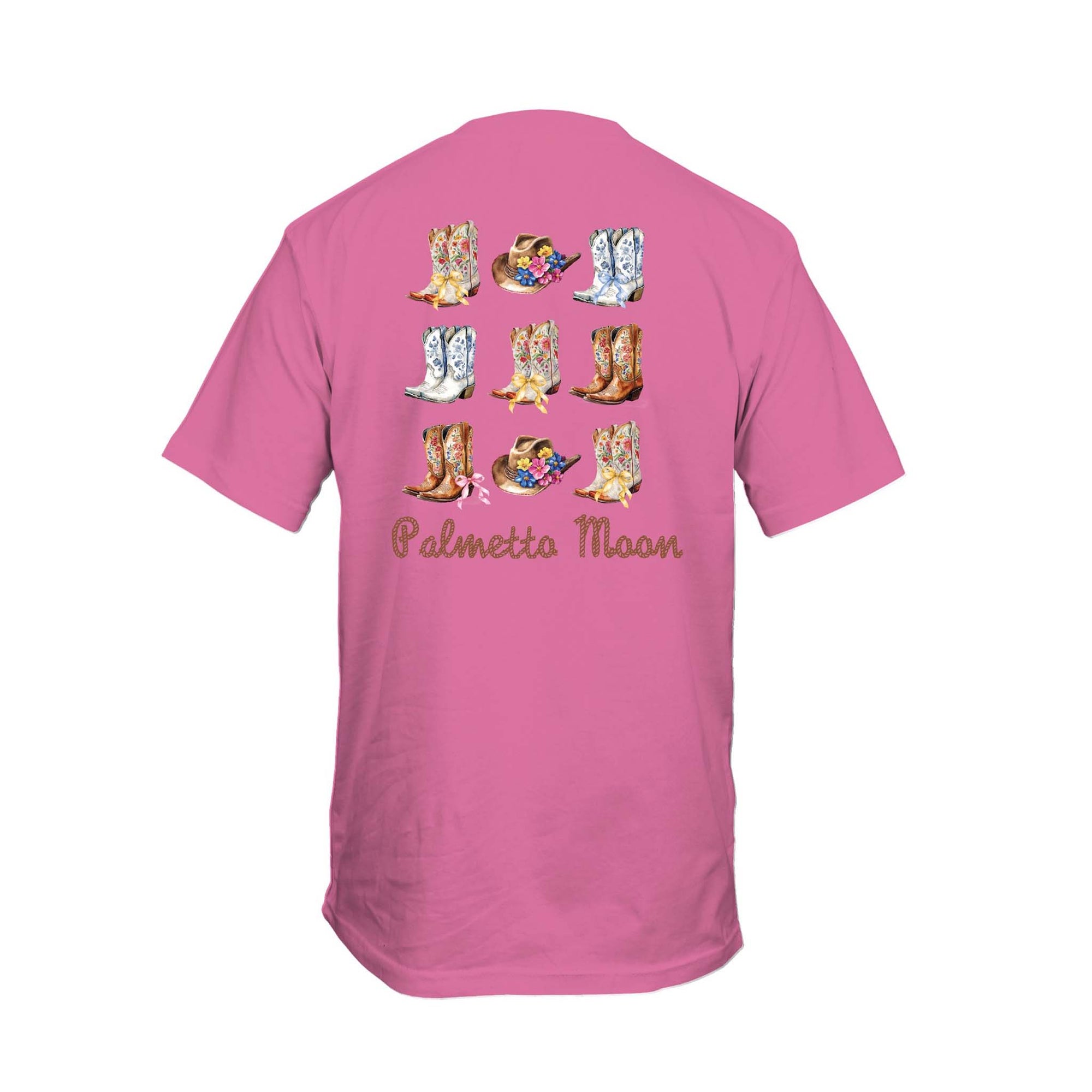 Back view of pink short sleeve t-shirt with 9 illustrated cowboy boots in a grid pattern and “Palmetto Moon” text below.