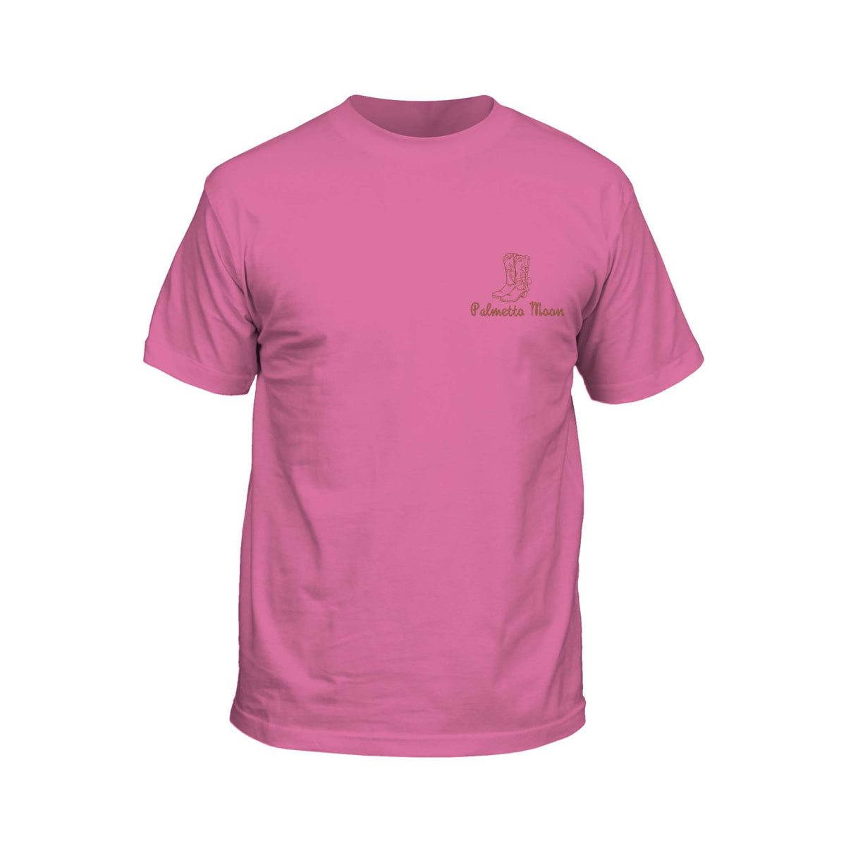 Front view of pink short sleeve t-shirt with small boot illustration and “Palmetto Moon” text on left chest.