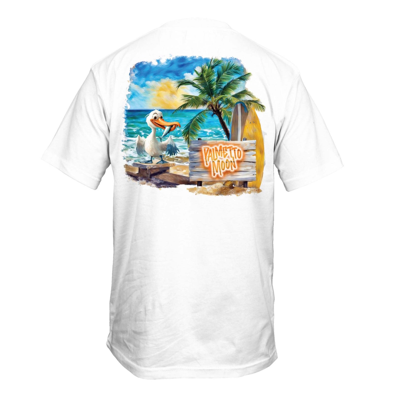Palmetto Moon Youth Beach Pelican Short Sleeve Tshirt, color white, youth sizes XS-XL, 100% cotton. The back features a happy pelican on the beach with palm trees and a wooden sign that says Palmetto Moon.