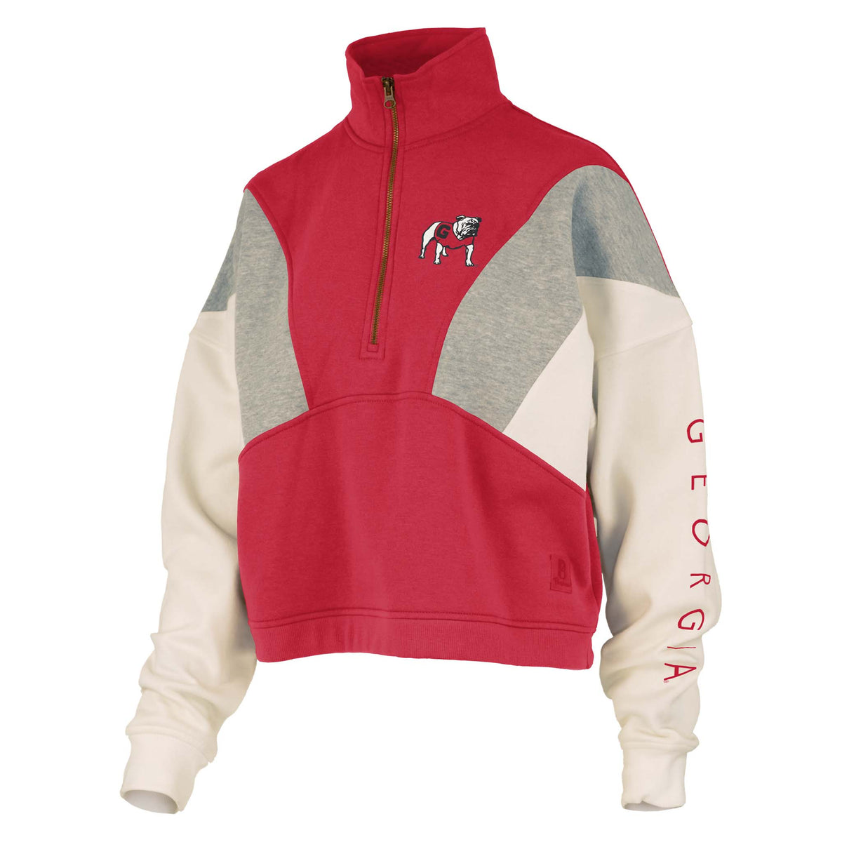 Women’s Georgia quarter-zip pullover with red, white, and gray colorblock design, featuring Bulldog logo on chest and “Georgia” text down left sleeve.