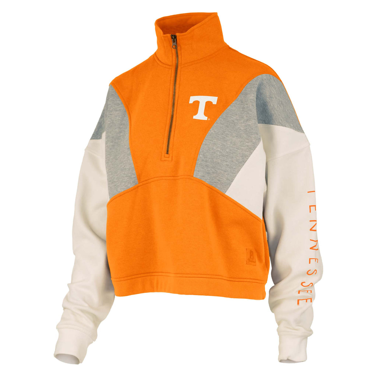 Women’s Tennessee quarter-zip pullover with orange, white, and gray colorblock design, featuring white Power T logo on chest and “Tennessee” text down left sleeve.