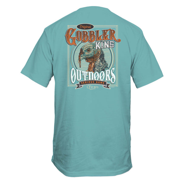 Teal t-shirt with a turkey graphic and 'Gobbler King Outdoors' text on a white background