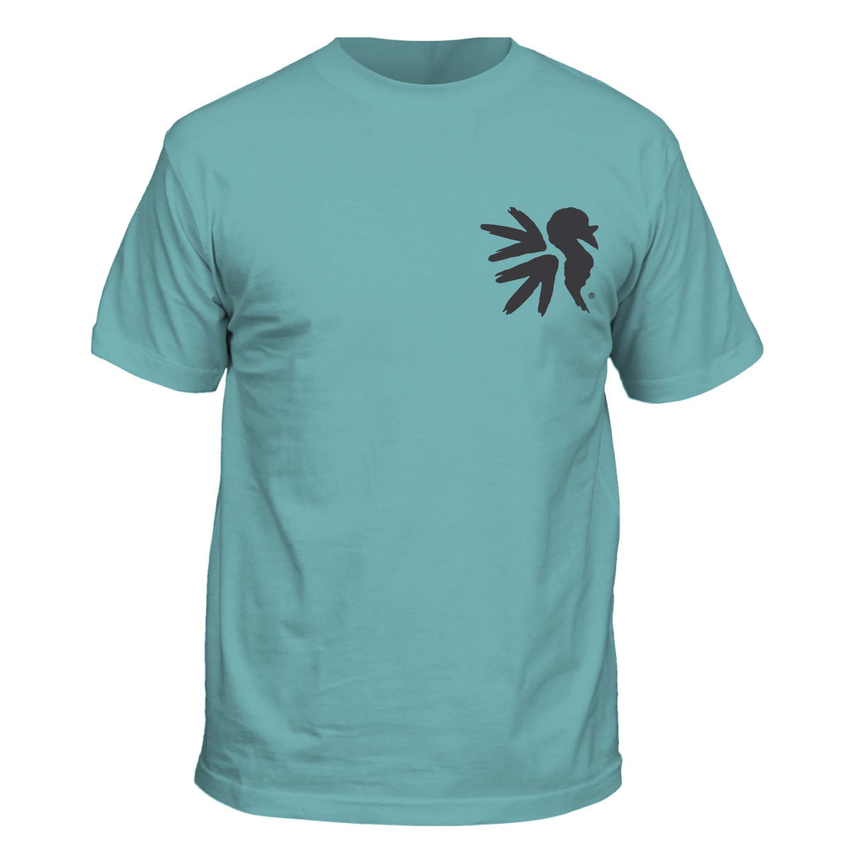 teal t-shirt with a black sketched turkey logo on a white background