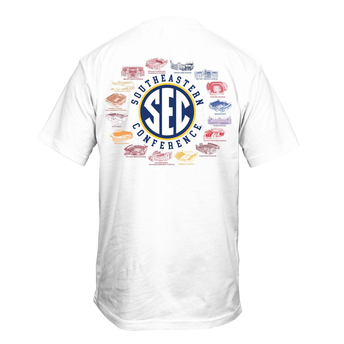 Back of white short sleeve t-shirt with large SEC logo and illustrations of various Southeastern Conference football stadiums.
