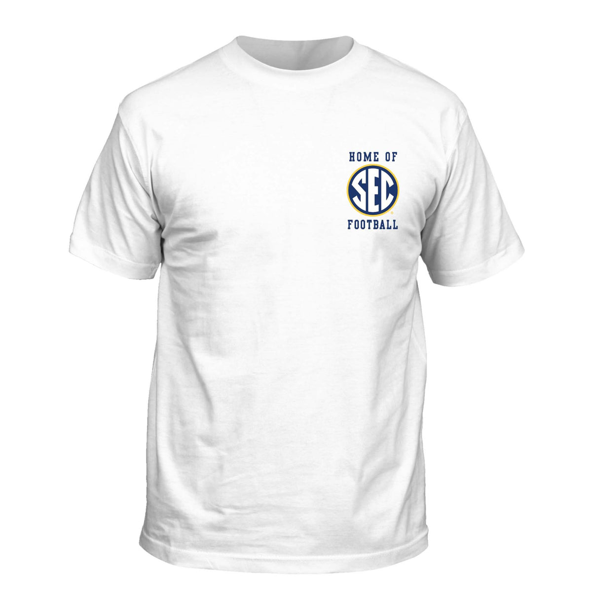 Front of white short sleeve t-shirt with “Home of SEC Football” text and blue-and-gold SEC logo on left chest.