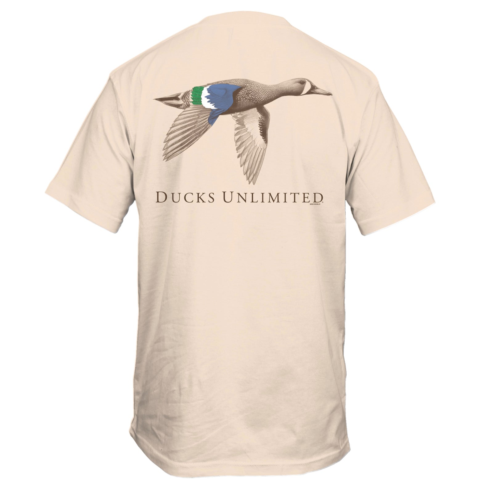 Beige t-shirt with a flying duck graphic and 'Ducks Unlimited' text on a white background