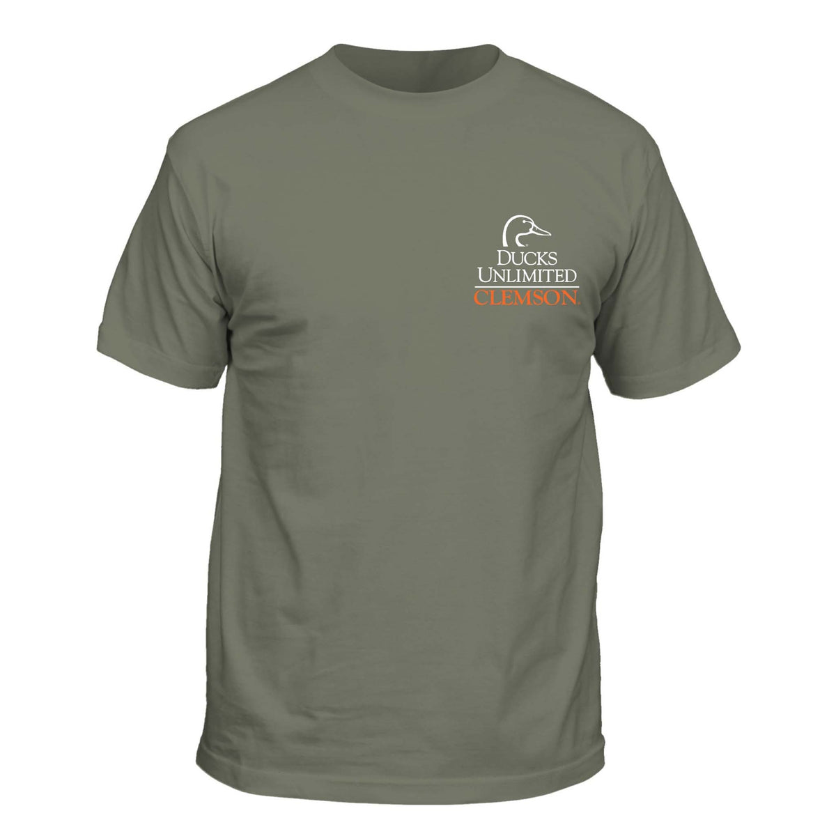 Front view of military green Ducks Unlimited x Clemson t-shirt with Ducks Unlimited logo and orange Clemson text on chest.