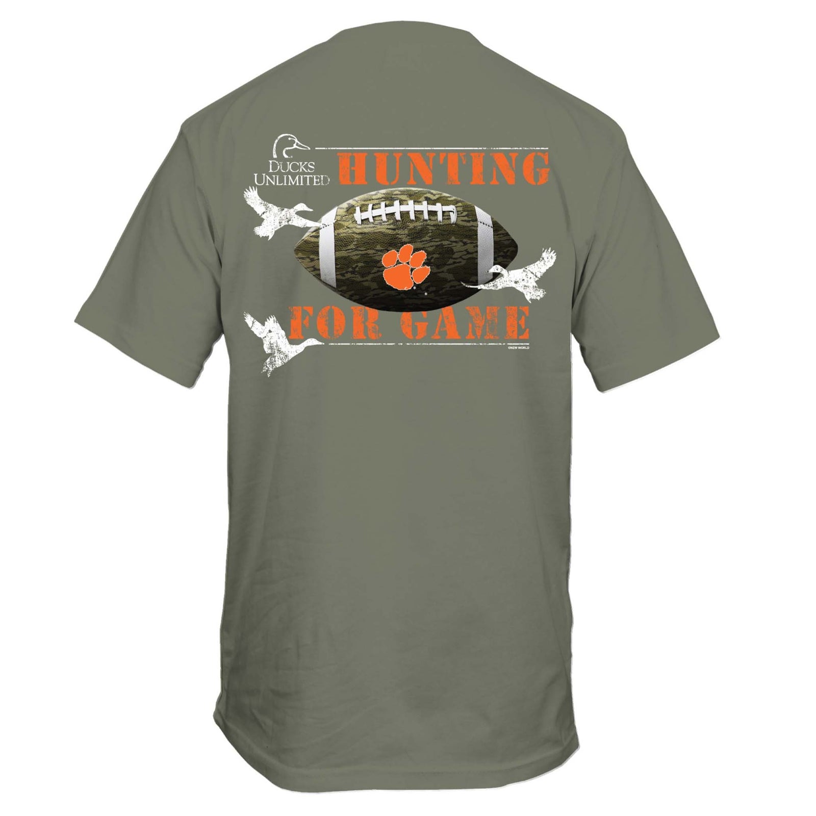 Back view of military green Ducks Unlimited x Clemson t-shirt with camo football, tiger paw, flying ducks, and text “Hunting for Game.”