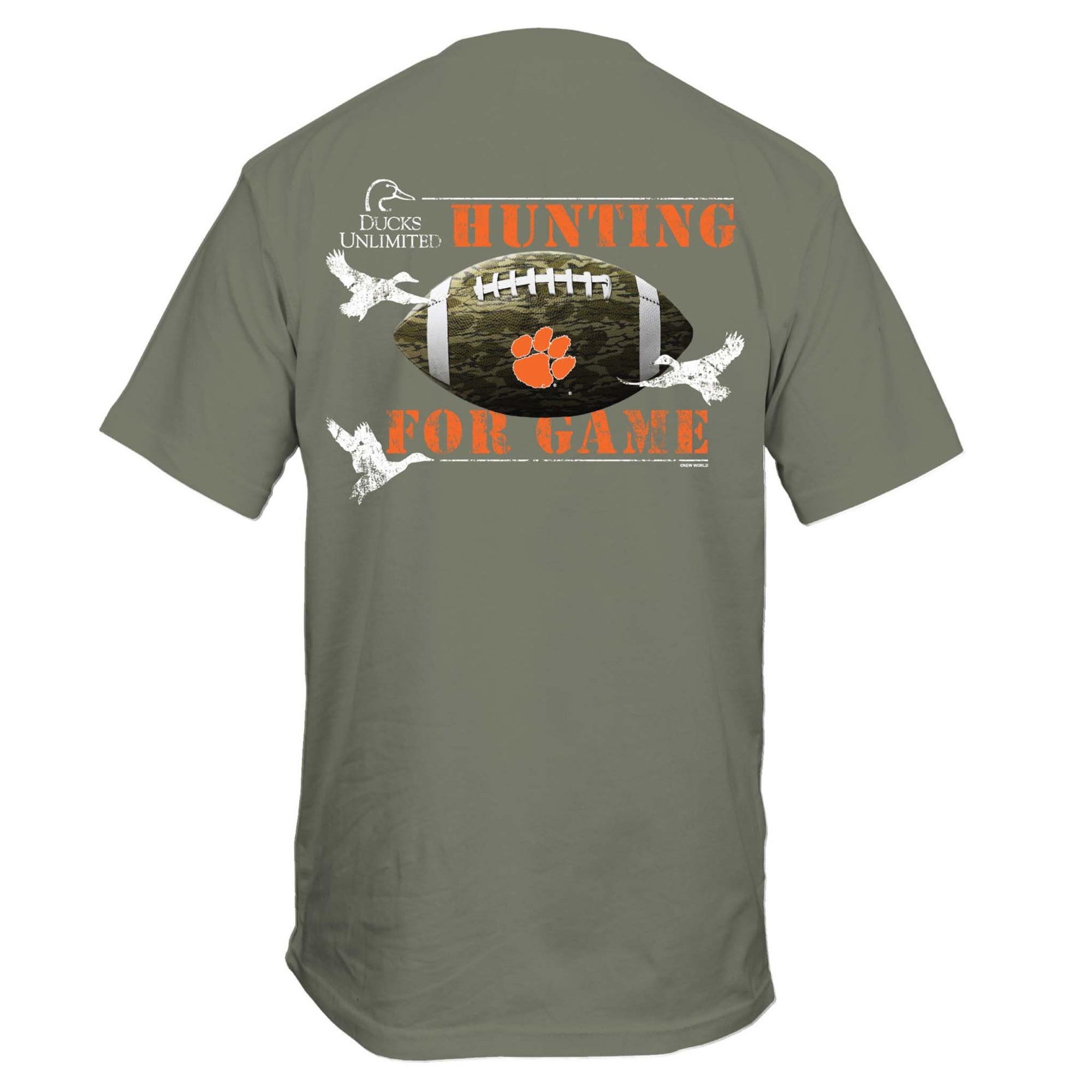 Back view of military green Ducks Unlimited x Clemson t-shirt with camo football, tiger paw, flying ducks, and text “Hunting for Game.”