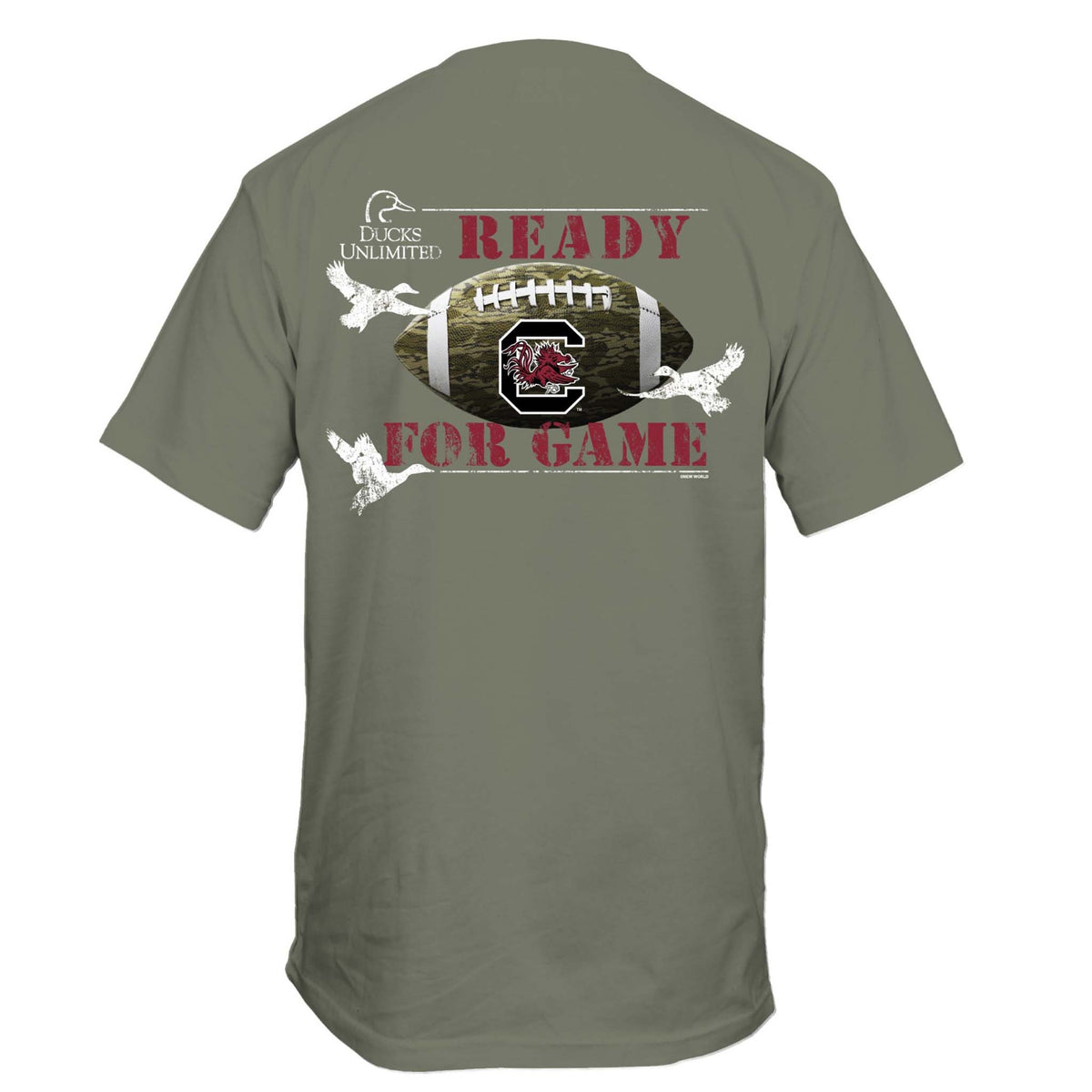 Military green short sleeve t-shirt with large graphic of a camouflage football with the South Carolina Gamecocks logo, flying ducks, and the words “Ready for Game” in red text.