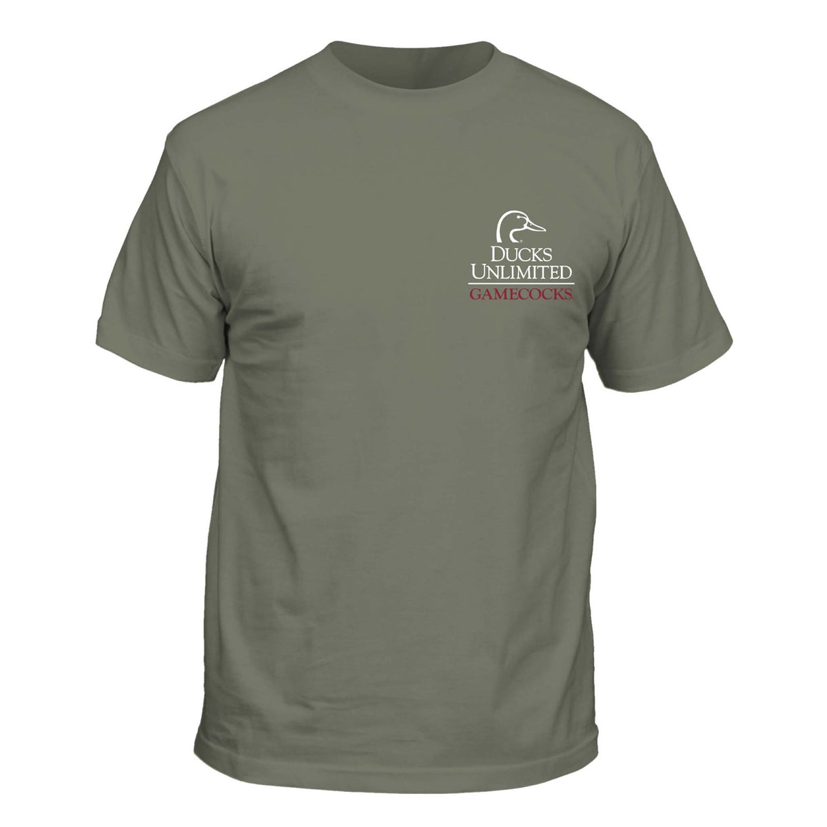 Military green short sleeve t-shirt with small white Ducks Unlimited logo above red “Gamecocks” text on left chest.