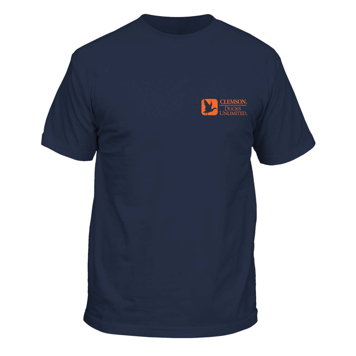 Front view of navy Clemson Ducks Unlimited t-shirt with small orange logo on chest.