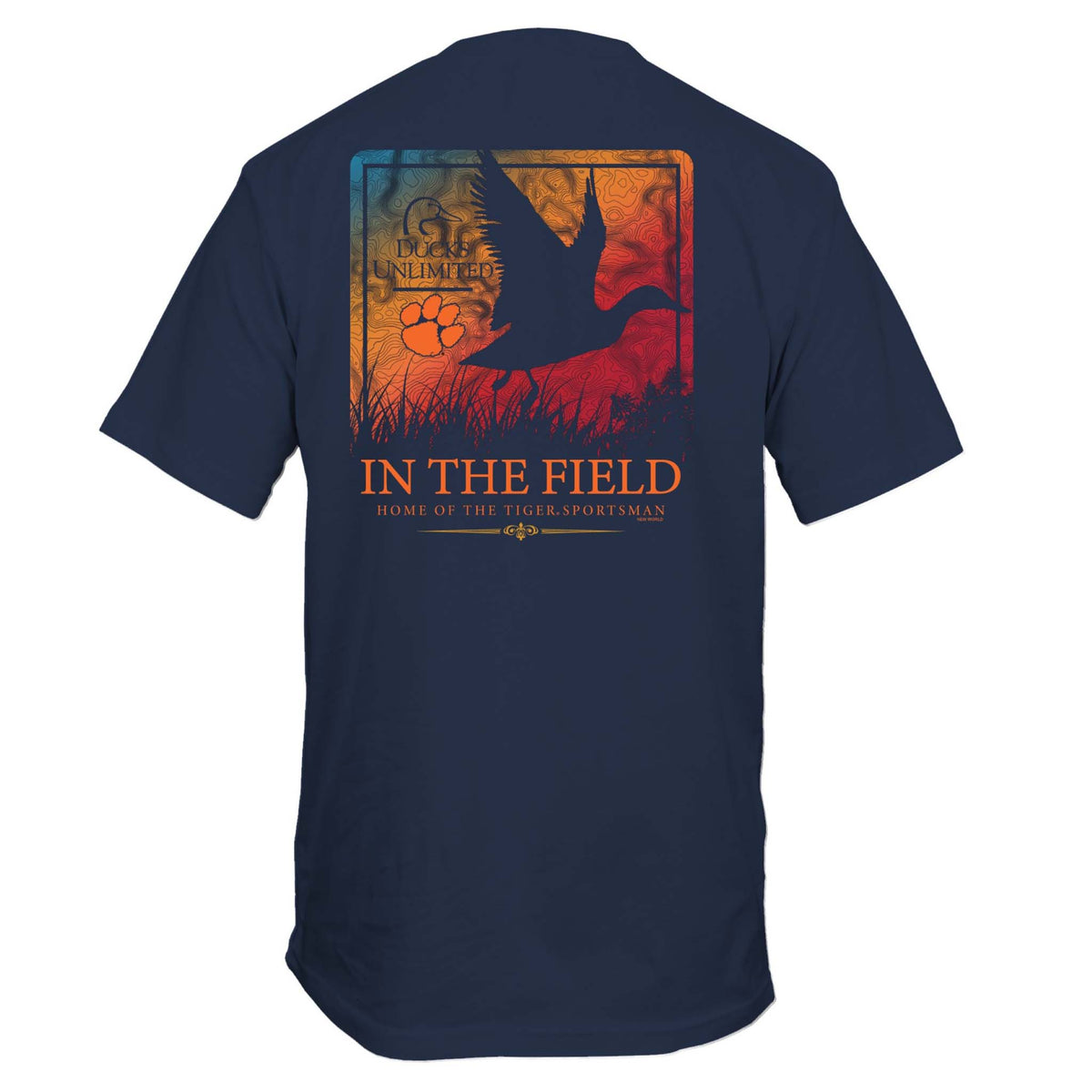 Back view of navy Clemson Ducks Unlimited t-shirt with duck silhouette graphic, Clemson paw, and text “In The Field – Home of the Tiger Sportsman.”
