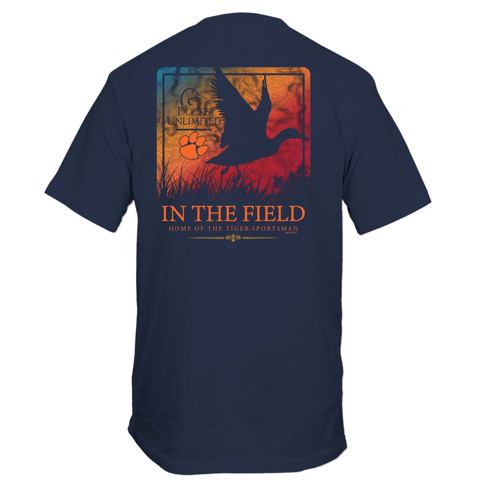 Back view of navy Clemson Ducks Unlimited t-shirt with duck silhouette graphic, Clemson paw, and text “In The Field – Home of the Tiger Sportsman.”