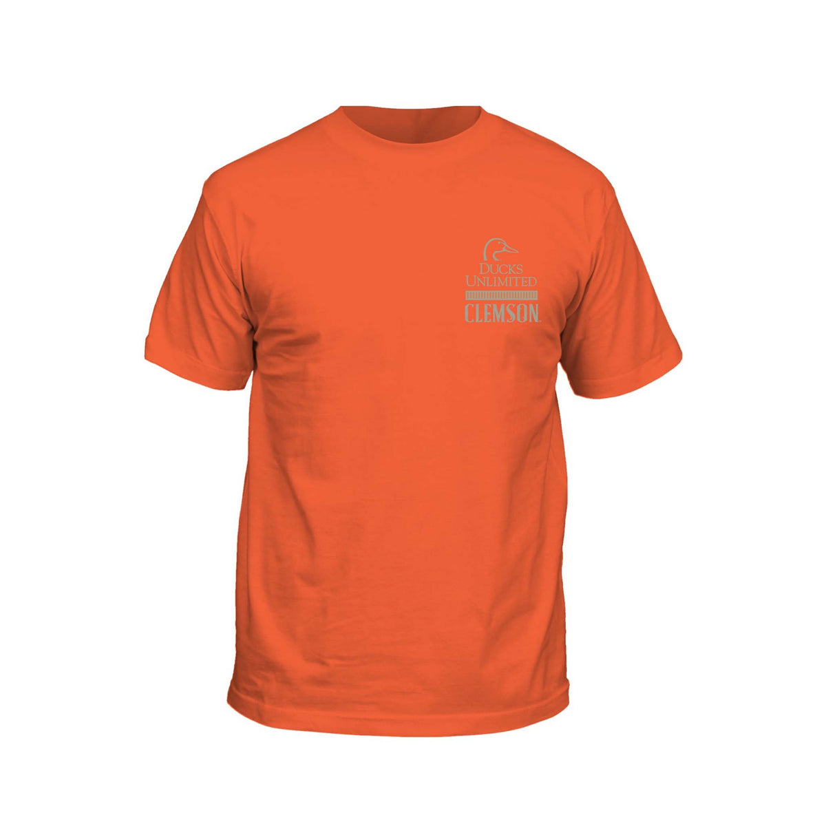 Orange Ducks Unlimited youth t-shirt with Ducks Unlimited and Clemson logo on front chest.