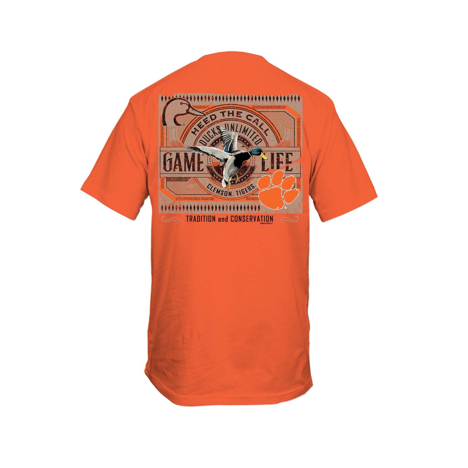 Orange Ducks Unlimited youth t-shirt with “Heed the Call” duck graphic and Clemson Tigers paw print design on back.