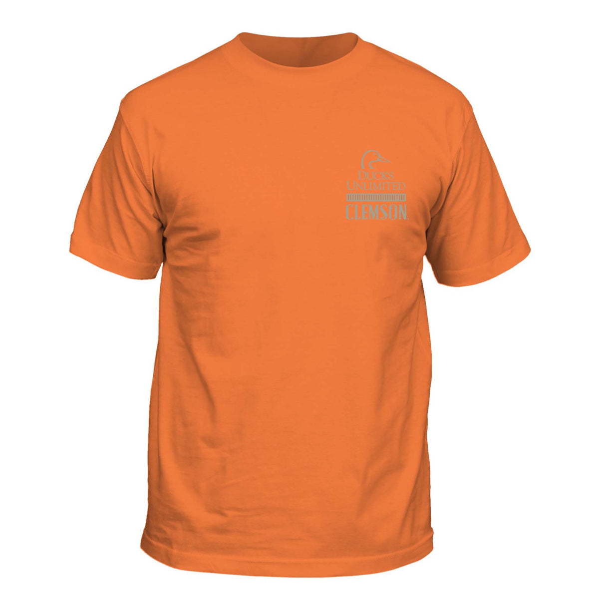 Front view of orange Clemson Ducks Unlimited t-shirt with small Ducks Unlimited and Clemson logo on chest.