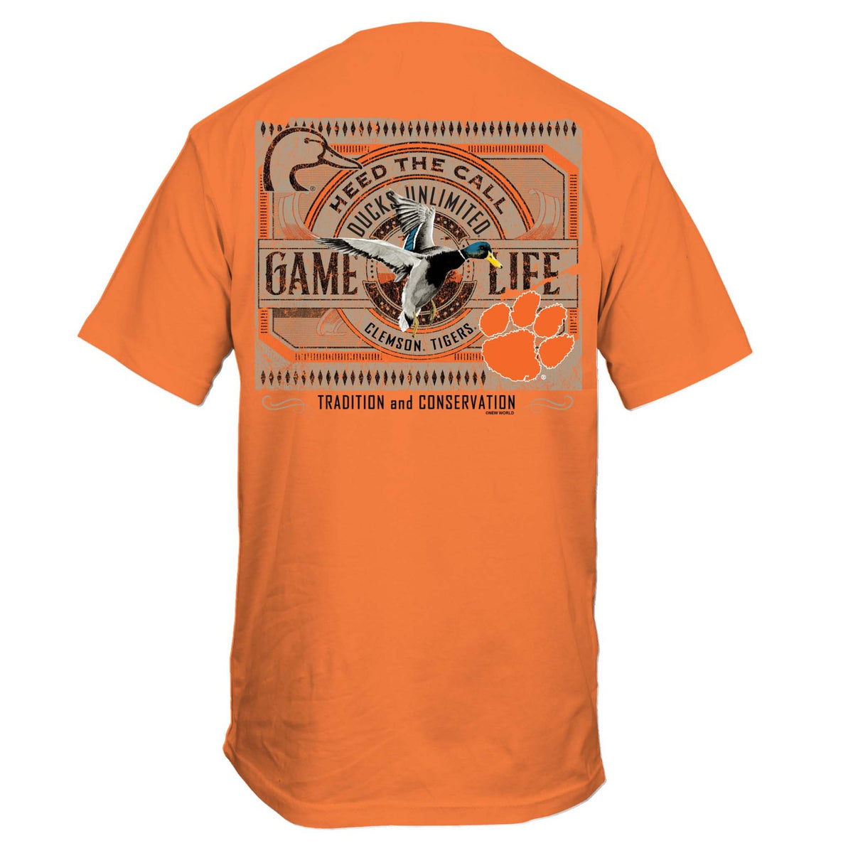 Back view of orange Clemson Ducks Unlimited t-shirt with flying duck, Clemson paw, and text “Heed the Call – Game of Life, Tradition and Conservation.”
