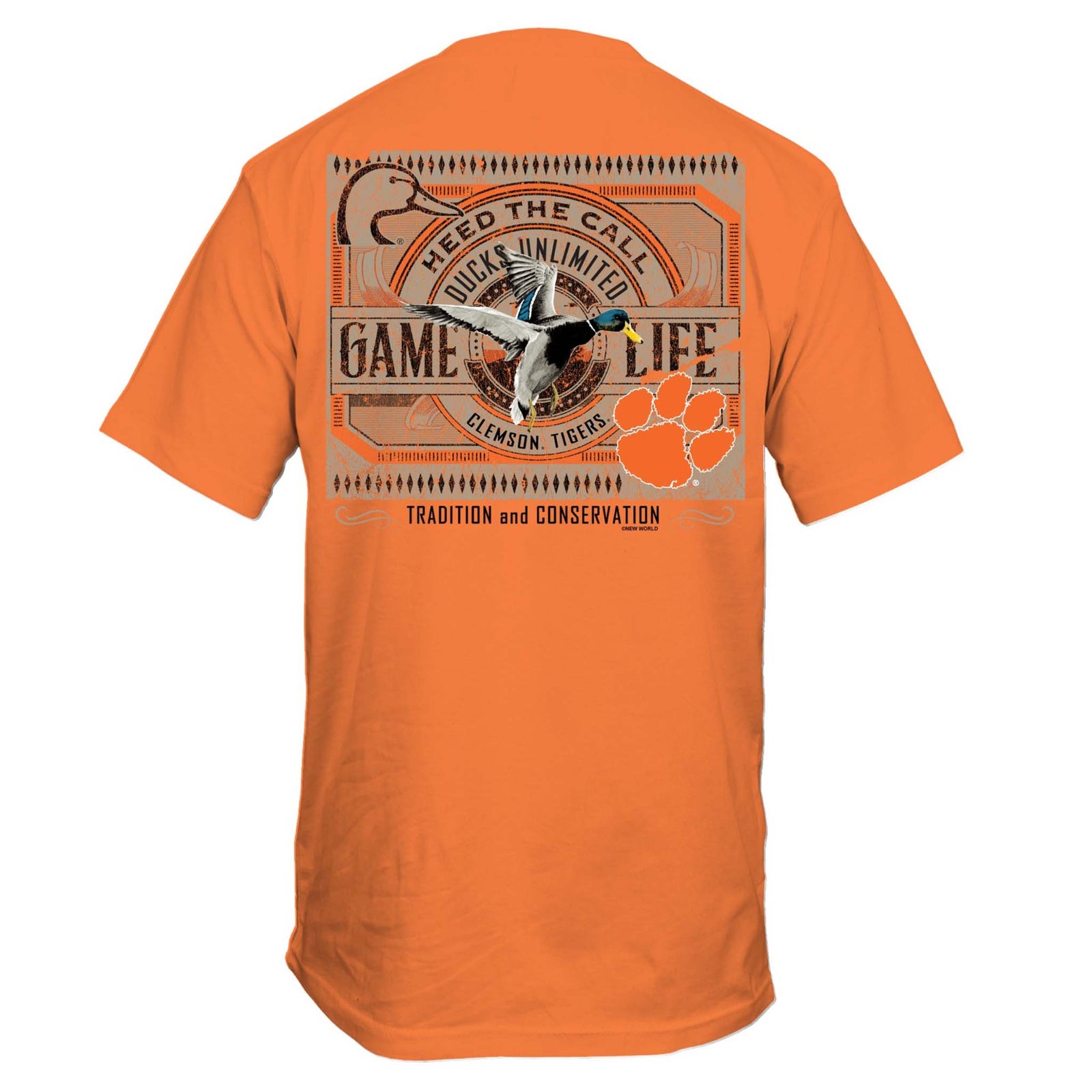Back view of orange Clemson Ducks Unlimited t-shirt with flying duck, Clemson paw, and text “Heed the Call – Game of Life, Tradition and Conservation.”