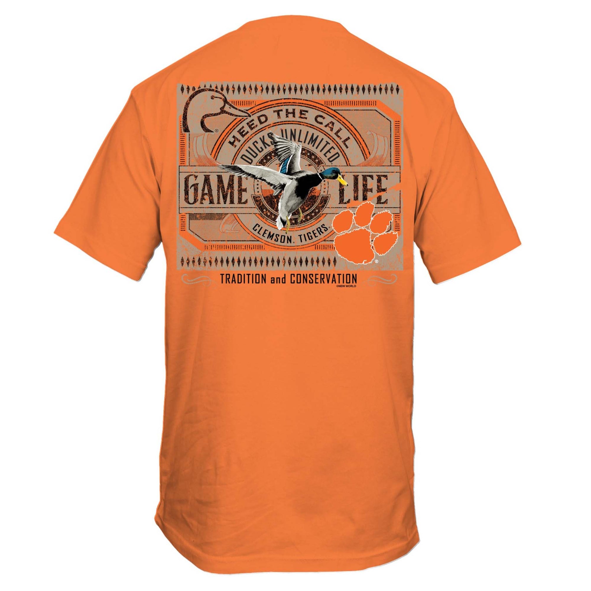 Back view of orange Clemson Ducks Unlimited t-shirt with flying duck, Clemson paw, and text “Heed the Call – Game of Life, Tradition and Conservation.”