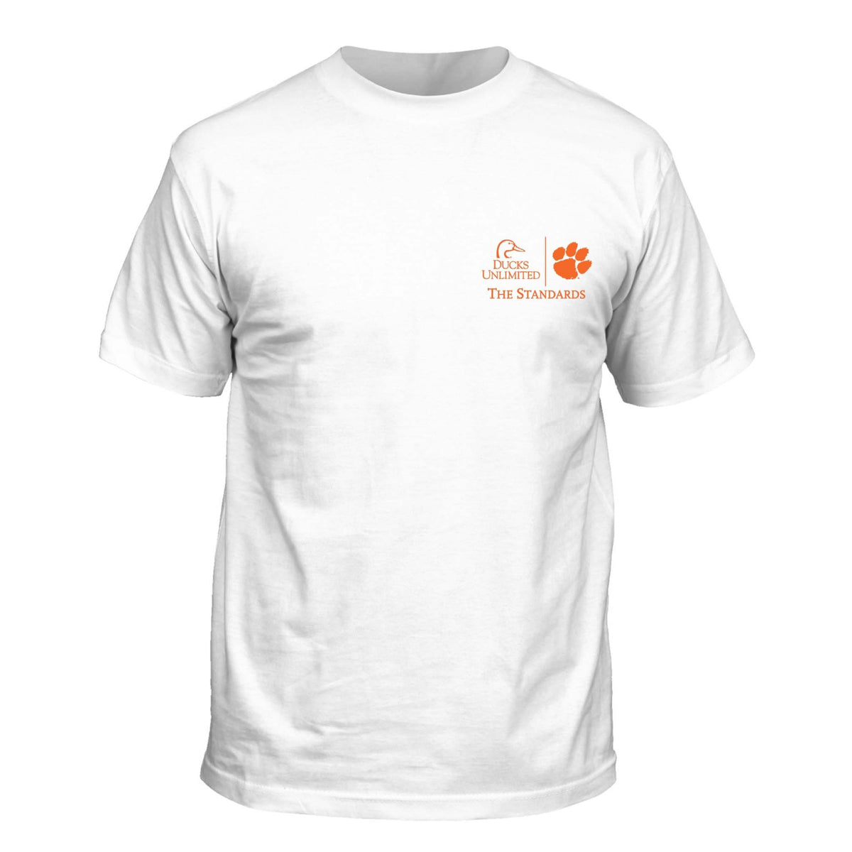 White Ducks Unlimited x Clemson Tigers t-shirt with orange chest logo featuring Ducks Unlimited text and Clemson paw print.