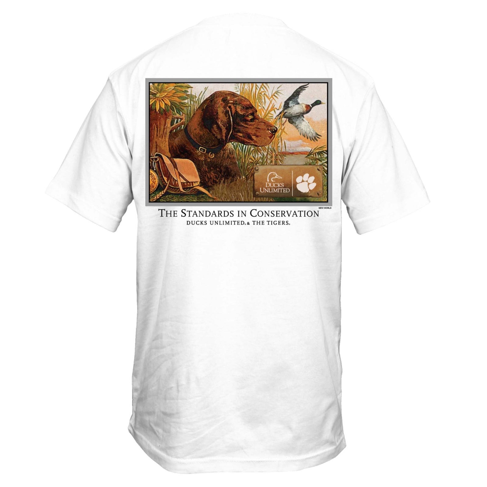 White Ducks Unlimited x Clemson Tigers t-shirt with hunting scene graphic of a retriever and duck in flight, text “The Standards in Conservation.”