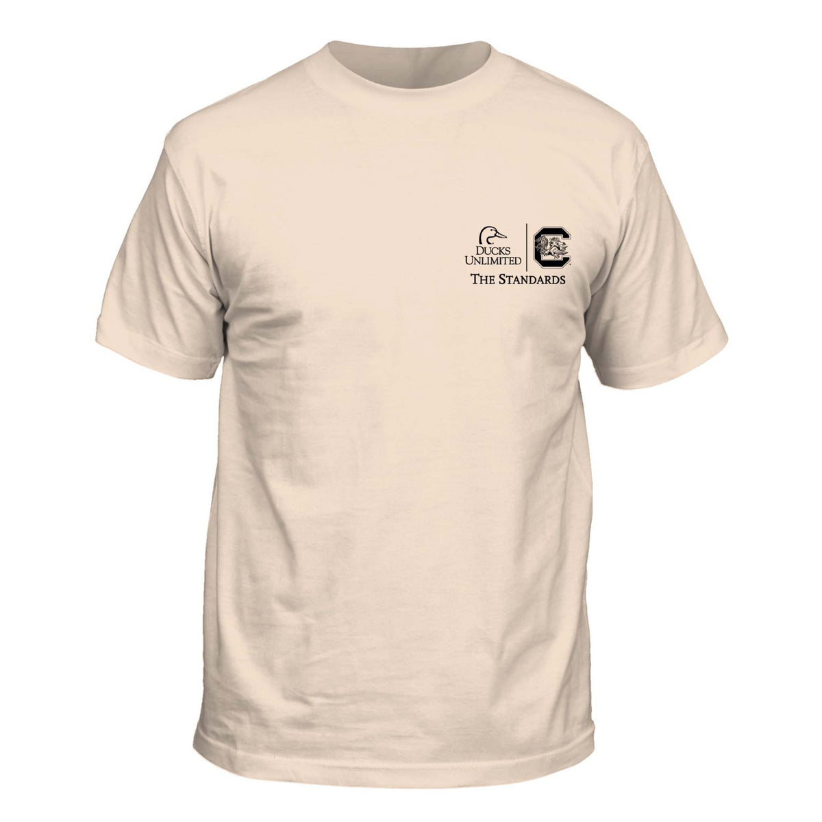 Ivory short sleeve t-shirt with small black Ducks Unlimited logo, Gamecocks logo, and “The Standards” text on left chest.