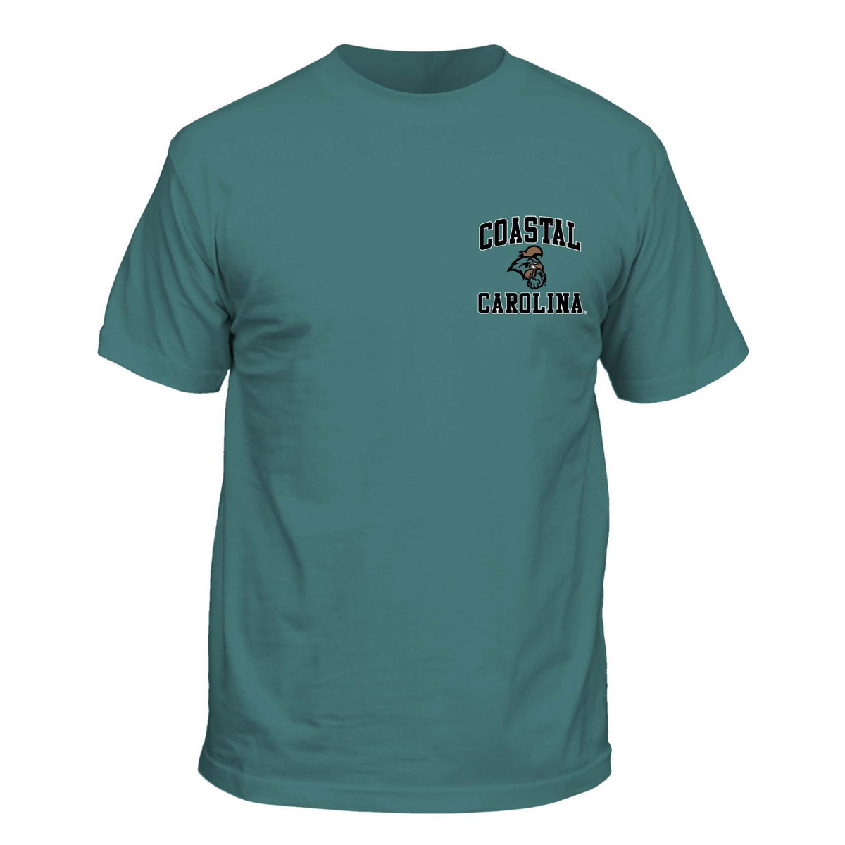 Front of teal t-shirt with Coastal Carolina Chanticleers logo printed on the left chest.