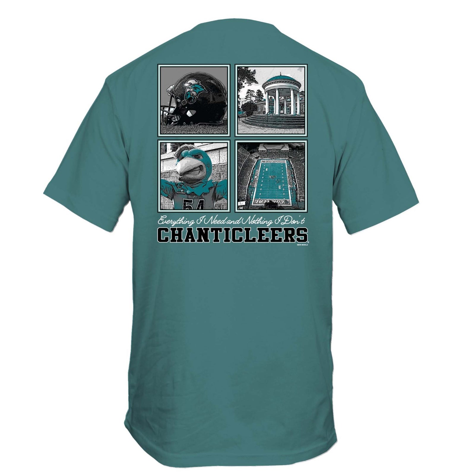 Back of teal Coastal Carolina t-shirt with four graphic panels showing mascot, stadium, helmet, and rotunda; “Chanticleers” printed at the bottom.