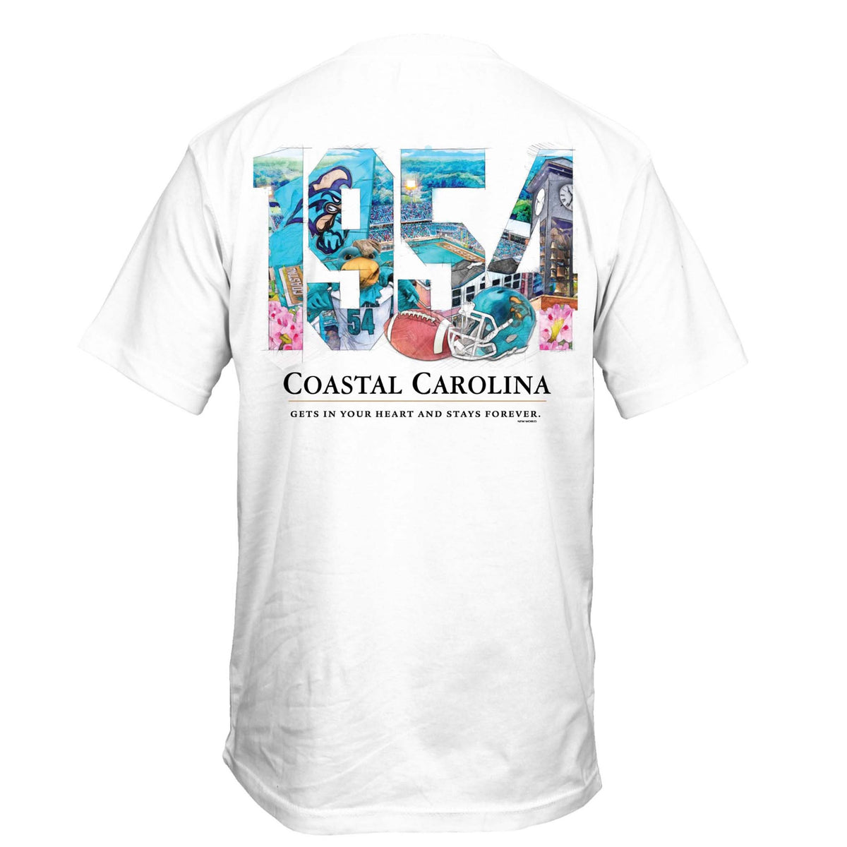 Back of white Coastal Carolina t-shirt with large “1954” filled with campus and football images; text below reads “Gets in your heart and stays forever.”