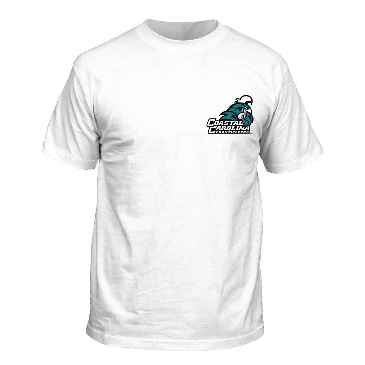 Front of white t-shirt with Coastal Carolina Chanticleers logo printed on the left chest.
