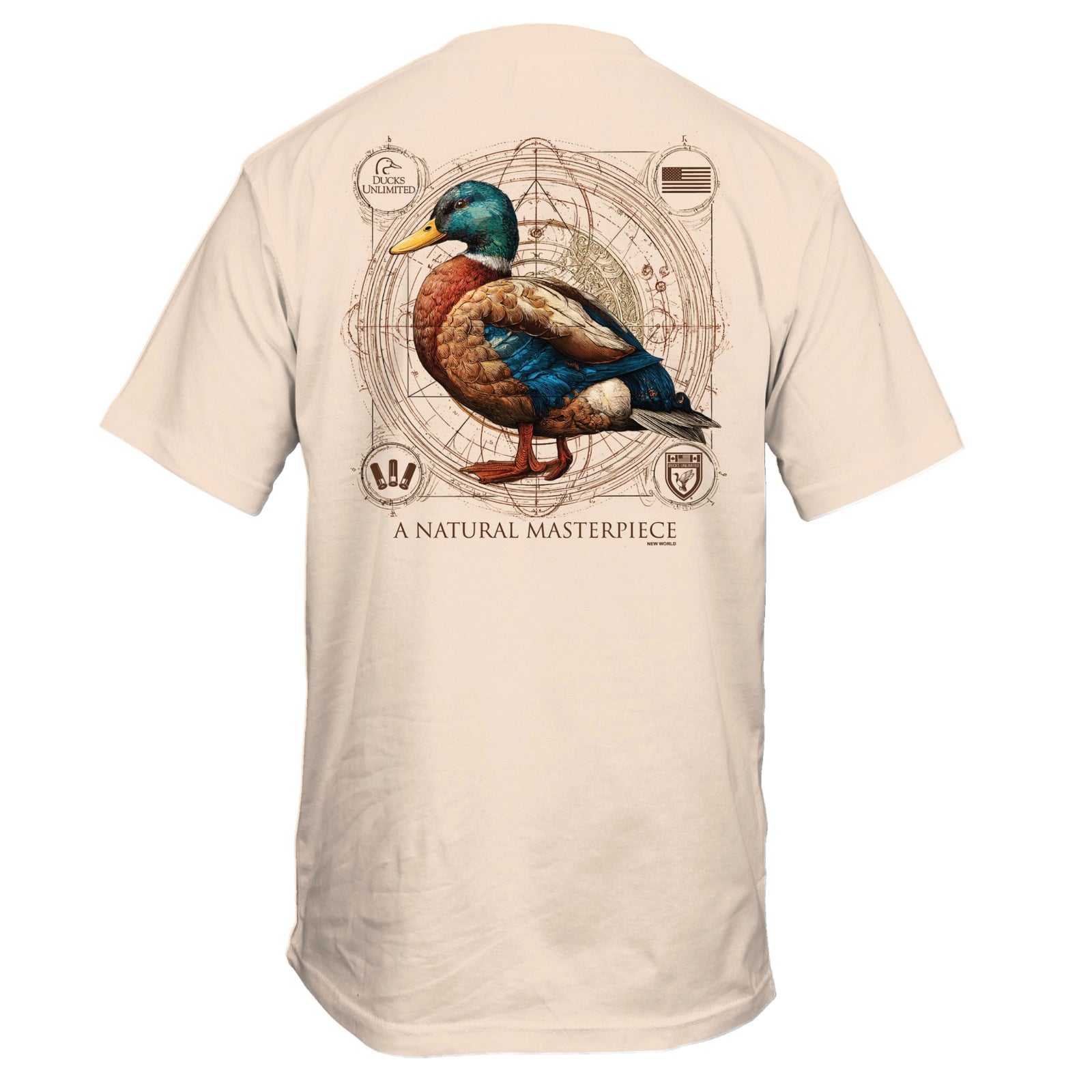 Beige t-shirt with a duck design on the back against a white background