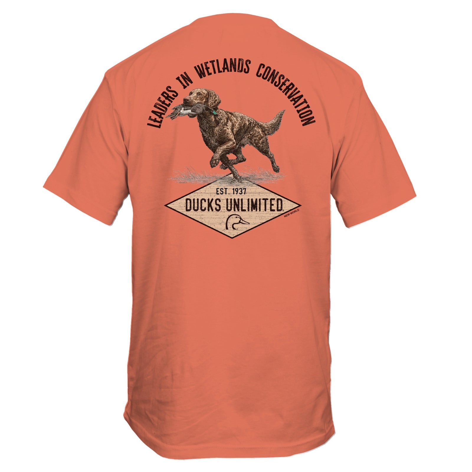 Orange t-shirt with a graphic of a dog and duck, and text 'Leaders in Wetlands Conservation' on the back, on a white background.