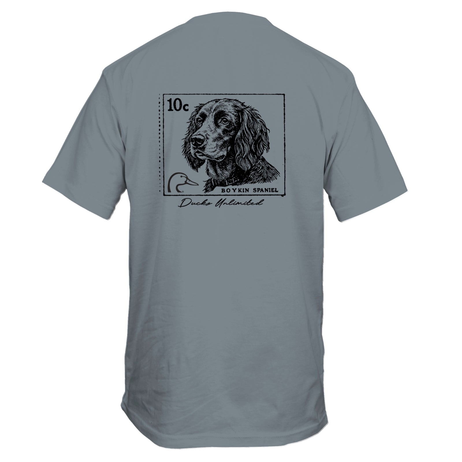 Gray t-shirt with a dog illustration and text on the back against a white background