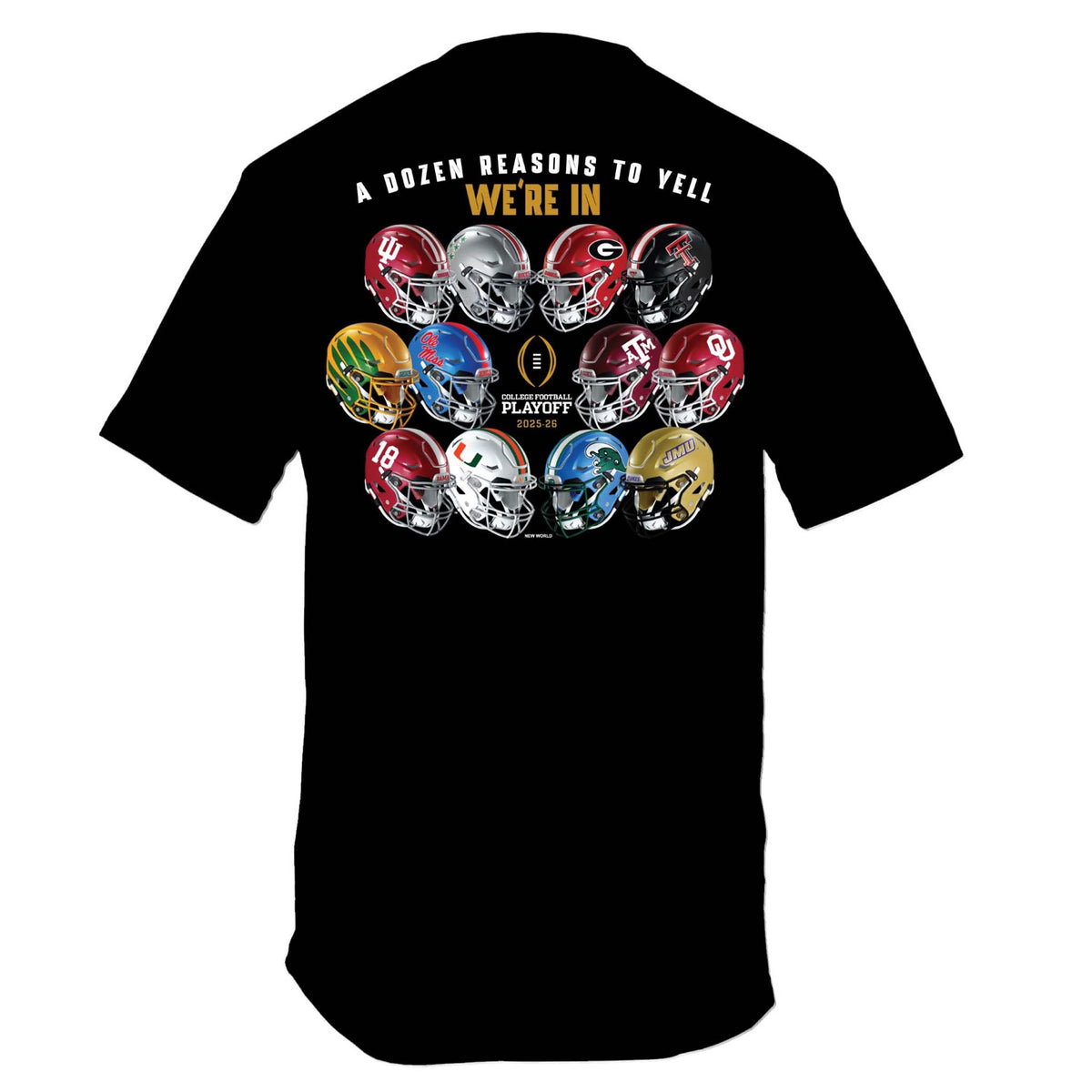 2025-2026 College Football Playoff 12 Helmets Short Sleeve T-Shirt in Black