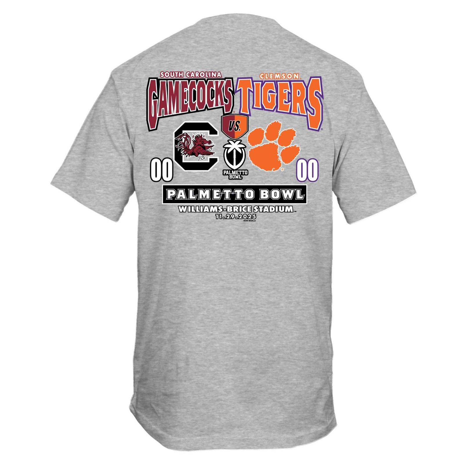 Sport grey T-shirt with large Palmetto Bowl graphic featuring South Carolina Gamecocks and Clemson Tigers logos, score placeholders, and event details.