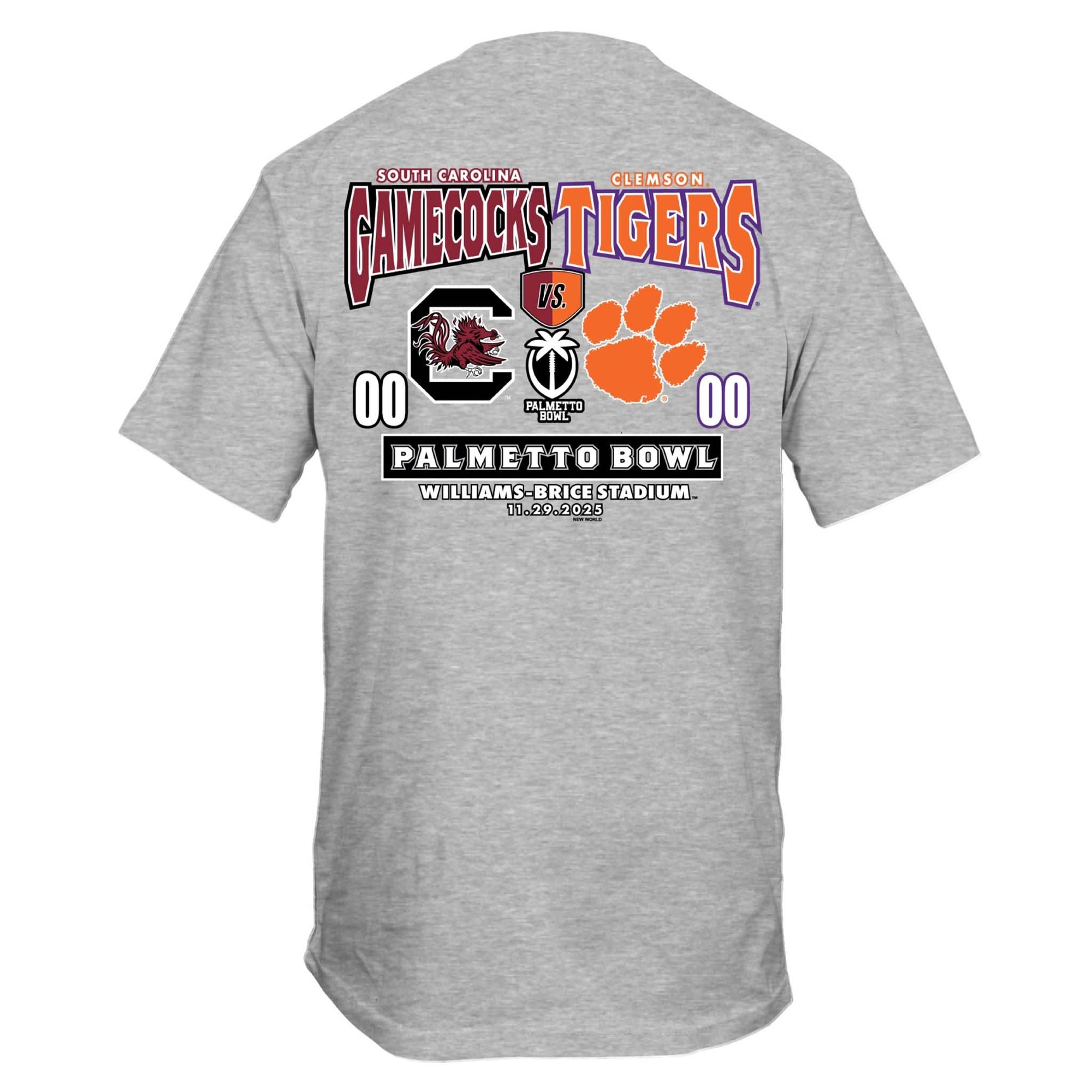 Sport grey T-shirt with large Palmetto Bowl graphic featuring South Carolina Gamecocks and Clemson Tigers logos, score placeholders, and event details.