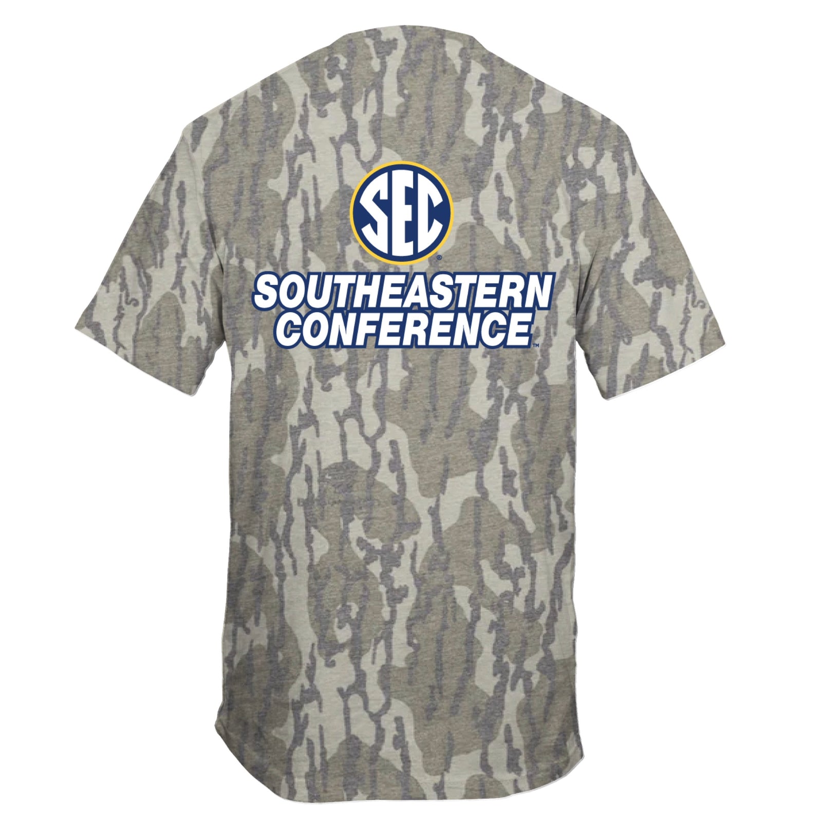 Camo print short sleeve t-shirt with SEC logo on back shown on a white background.